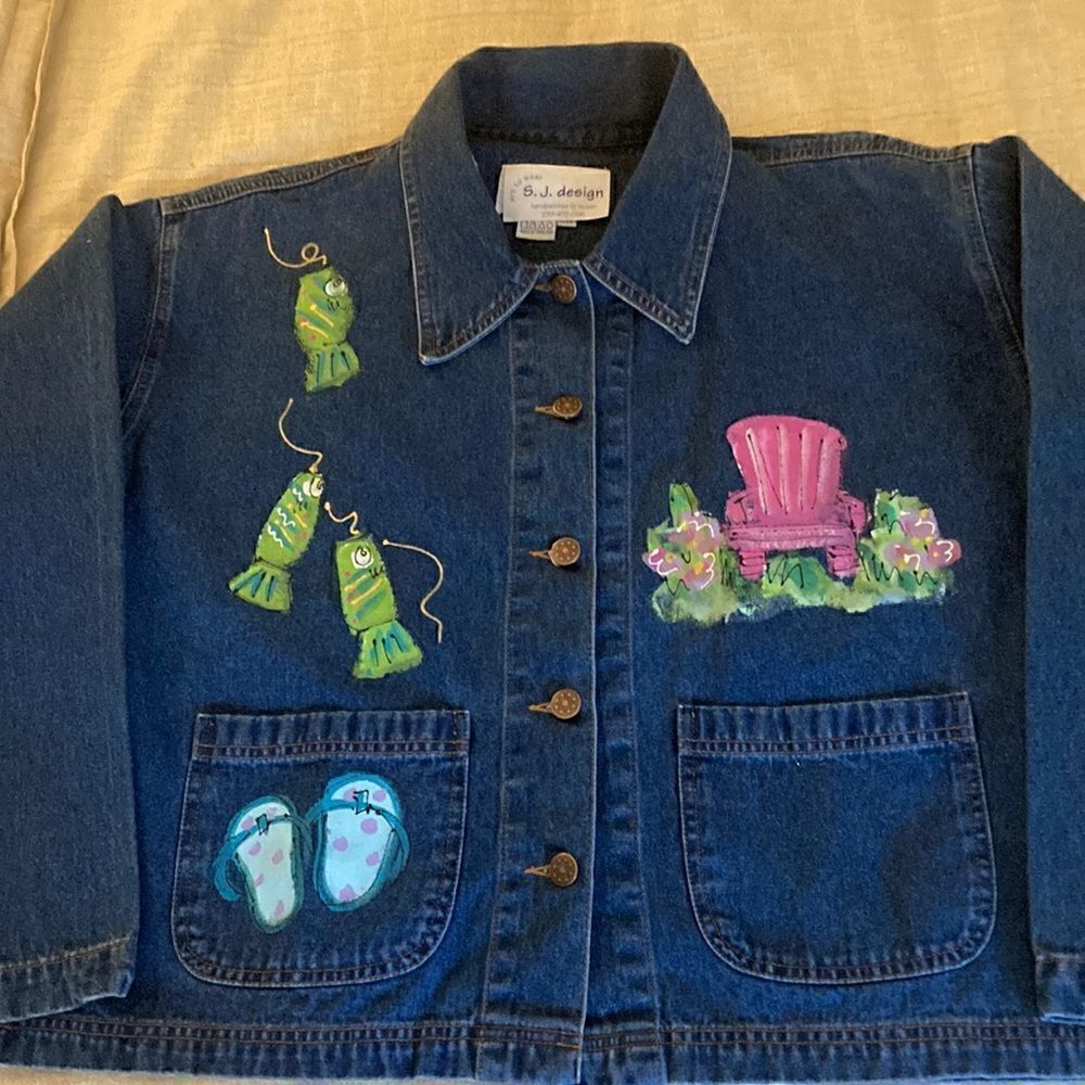 Casey Coleman NWOT Hand Painted Denim Barn Jacket in Dark Wash. Size S/M.